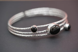 Large Size Hammered Silver Bracelet with Black Onyx Stones, Bohemian Bangles, Gift Box Option, Boho, Artisanal