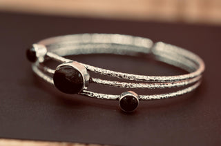 Large Size Hammered Silver Bracelet with Black Onyx Stones, Bohemian Bangles, Gift Box Option, Boho, Artisanal