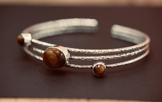 Large Size Hammered Silver Bracelet with Tiger Eye Stones, Bohemian Bangles, Gift Box Option, Boho, Artisanal