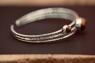 Large Size Hammered Silver Bracelet with Tiger Eye Stones, Bohemian Bangles, Gift Box Option, Boho, Artisanal