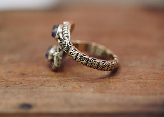 Two Snake Head Brass Ring, Wrap Around Snake Ring, Amethyst Snake Ring