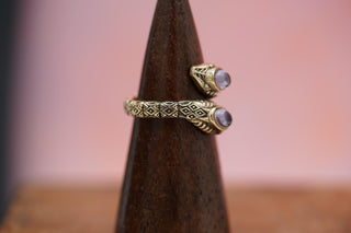 Two Snake Head Brass Ring, Wrap Around Snake Ring, Amethyst Snake Ring