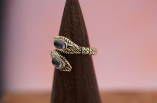 Two Snake Head Brass Ring, Wrap Around Snake Ring, Amethyst Snake Ring