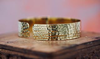 Hammered Brass Cuff Bracelet with Amethyst – Wide Boho Chic Bracelet for Women, Handmade Gold-Tone Jewellery