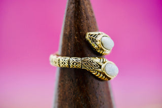 Moonstone Snake Ring, Two Snake Head Brass Ring, Wrap Around Snake Ring