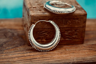 Silver Chunky Hoop Earrings Multi Size, Ethnic Beaded Hoops