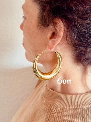 Gold Chunky Hoops, Thick Earrings Beaded Edges, Bohemian Queen Style