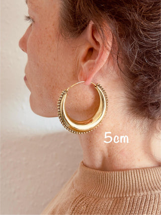 Gold Chunky Hoops, Thick Earrings Detailed Edges, Bohemian Style, Hypoallergenic Option