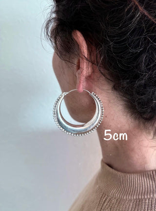 Silver Chunky Hoop Earrings Multi Size, Ethnic Beaded Hoops