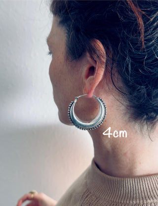 Silver Chunky Hoop Earrings Multi Size, Ethnic Beaded Hoops