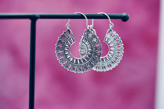 Mandala Circle Silver Earrings | Ethnic Hoops for Women | Gypsy Tribal Jewellery | Hypoallergenic Hoops