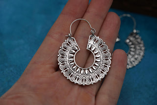 Mandala Circle Silver Earrings | Ethnic Hoops for Women | Gypsy Tribal Jewellery | Hypoallergenic Hoops