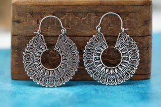 Mandala Circle Silver Earrings | Ethnic Hoops for Women | Gypsy Tribal Jewellery | Hypoallergenic Hoops