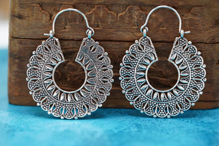 Mandala Circle Silver Earrings | Ethnic Hoops for Women | Gypsy Tribal Jewellery | Hypoallergenic Hoops