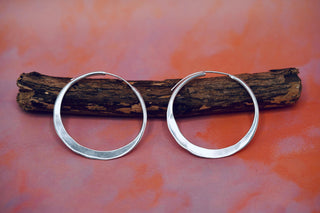 Hammered Flat Silver Hoop Earrings, Bohemian Hoops, Ethnic Jewellery, Everyday Silver Earrings