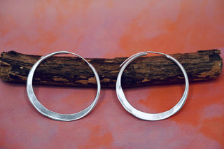 Hammered Flat Silver Hoop Earrings, Bohemian Hoops, Ethnic Jewellery, Everyday Silver Earrings