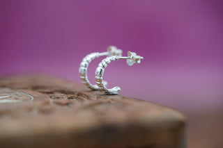 Tiny rigged hoops Textured Pattern Lines Sterling Silver, Easy Wear Butterfly Closure, Minimalist Hoop Earrings