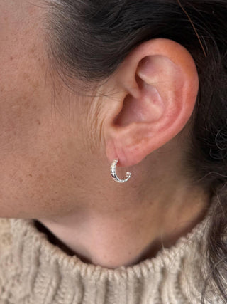 Tiny rigged hoops Textured Pattern Lines Sterling Silver, Easy Wear Butterfly Closure, Minimalist Hoop Earrings