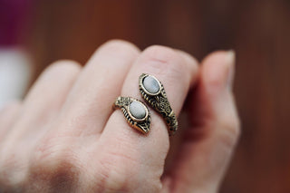 Moonstone Snake Ring, Two Snake Head Brass Ring, Wrap Around Snake Ring