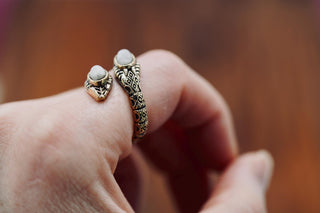 Moonstone Snake Ring, Two Snake Head Brass Ring, Wrap Around Snake Ring