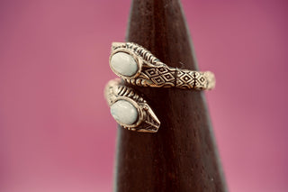 Moonstone Snake Ring, Two Snake Head Brass Ring, Wrap Around Snake Ring
