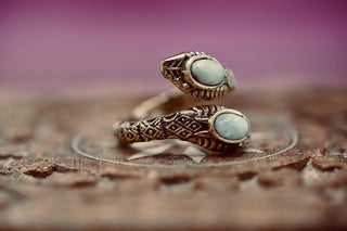 Moonstone Snake Ring, Two Snake Head Brass Ring, Wrap Around Snake Ring