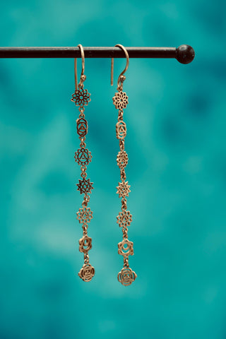 Chakras Long Pendant Brass Earrings, Boho Jewellery from Kaali Boutique