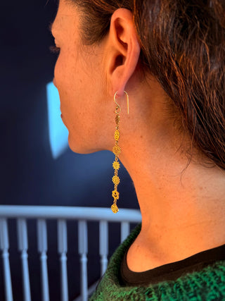 Chakras Long Pendant Brass Earrings, Boho Jewellery from Kaali Boutique