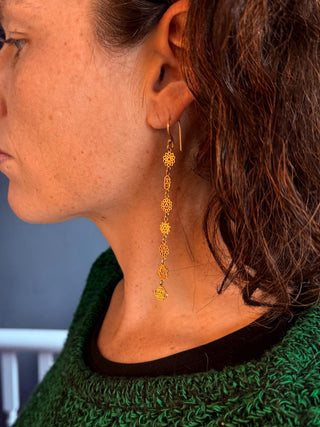 Chakras Long Pendant Brass Earrings, Boho Jewellery from Kaali Boutique