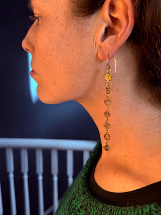 Chakras Long Pendant Brass Earrings, Boho Jewellery from Kaali Boutique