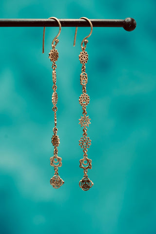 Chakras Long Pendant Brass Earrings, Boho Jewellery from Kaali Boutique