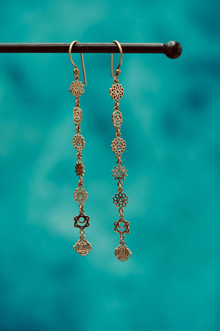 Chakras Long Pendant Brass Earrings, Boho Jewellery from Kaali Boutique
