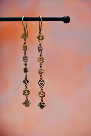 Chakras Long Pendant Brass Earrings, Boho Jewellery from Kaali Boutique
