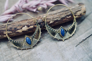 Ethnic Brass Hoop Earrings with Lapis Lazuli stones, Jewellery for Boho Women, Bohemian style Jewelery from Kaali Boutique
