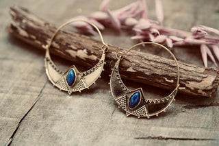 Ethnic Brass Hoop Earrings with Lapis Lazuli stones, Jewellery for Boho Women, Bohemian style Jewelery from Kaali Boutique