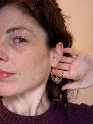 Lightweight Brass Hoop Earrings with Rose Quartz stones, Jewellery for Boho Women, Bohemian style Jewelery from Kaali Boutique