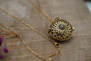 Gold Bola Necklace Brass & Labradorite / Pregnancy / Harmony Ball / Chimes / Vegan / Ethnic / Boho / Hippie / Rustic / Hypoallergenic