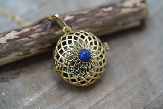 Bola Necklace For Pregnant Woman, Brass & Lapis Lazuli Necklace for Pregnancy Gift from Kaali Boutique LTD