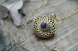 Bola Necklace For Pregnant Woman, Brass & Lapis Lazuli Necklace for Pregnancy Gift from Kaali Boutique LTD
