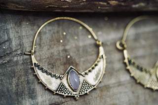 Lightweight Brass Hoop Earrings with Rose Quartz stones, Jewellery for Boho Women, Bohemian style Jewelery from Kaali Boutique