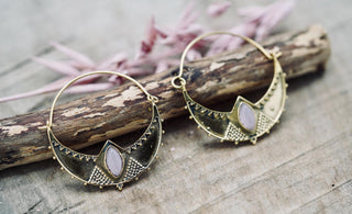 Lightweight Brass Hoop Earrings with Rose Quartz stones, Jewellery for Boho Women, Bohemian style Jewelery from Kaali Boutique