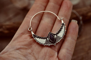 Ethnic Silver Hoop Earrings with Lapis Lazuli stones, Jewellery for Boho Women, Bohemian style Jewelery from Kaali Boutique