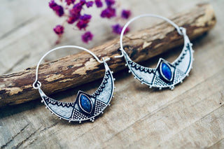Ethnic Silver Hoop Earrings with Lapis Lazuli stones, Jewellery for Boho Women, Bohemian style Jewelery from Kaali Boutique