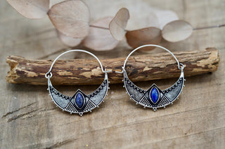 Ethnic Silver Hoop Earrings with Lapis Lazuli stones, Jewellery for Boho Women, Bohemian style Jewelery from Kaali Boutique