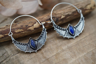 Ethnic Silver Hoop Earrings with Lapis Lazuli stones, Jewellery for Boho Women, Bohemian style Jewelery from Kaali Boutique