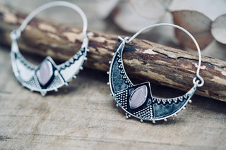 Lightweight Silver Hoop Earrings with Rose Quartz stones, Jewellery for Boho Women, Bohemian style Jewelery from Kaali Boutique