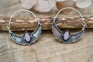 Lightweight Silver Hoop Earrings with Rose Quartz stones, Jewellery for Boho Women, Bohemian style Jewelery from Kaali Boutique