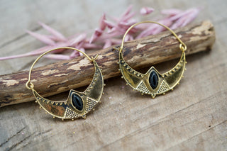 Ethnic Brass Hoop Earrings with Black Onyx stones, Jewellery for Boho Women, Bohemian style Jewelery from Kaali Boutique