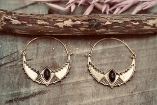 Ethnic Brass Hoop Earrings with Black Onyx stones, Jewellery for Boho Women, Bohemian style Jewelery from Kaali Boutique
