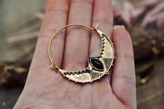Ethnic Brass Hoop Earrings with Black Onyx stones, Jewellery for Boho Women, Bohemian style Jewelery from Kaali Boutique
